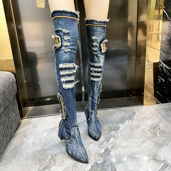 boots 2021 women thigh high pointed toe chunky heel over the knee slim fit jean botas mujer elastic denim shoes, Black
boots 2021 women thigh high pointed toe chunky heel over the knee slim fit jean botas mujer elastic denim shoes, Black