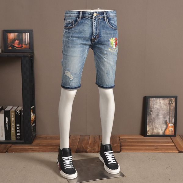 men's jeans length summer knee men ripped hole badge embroidery denim shorts korean style slim fit stretch jean pants, Blue
men's jeans length summer knee men ripped hole badge embroidery denim shorts korean style slim fit stretch jean pants, Blue
