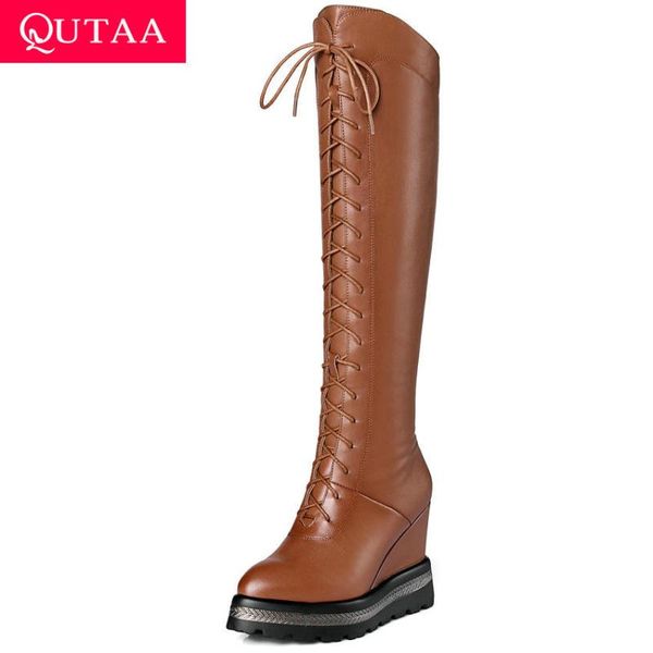 qutaa 2020 platform shoes knee high boots wedge high heel lace up height increasing genuine leather casual women shoes size34-42, Black
qutaa 2020 platform shoes knee high boots wedge high heel lace up height increasing genuine leather casual women shoes size34-42, Black