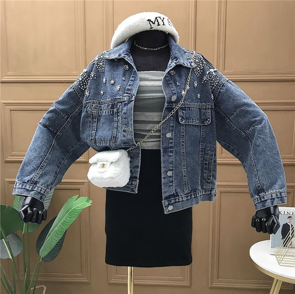 women's jackets 2021 heavy industry diamond long sleeve denim short jacket female loose korean bf tide 0228, Black;brown
women's jackets 2021 heavy industry diamond long sleeve denim short jacket female loose korean bf tide 0228, Black;brown