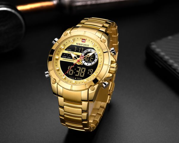 naviforce men military sport wrist watch gold quartz steel waterproof dual display male clock watches relogio masculino nf9163, Slivery;brown
naviforce men military sport wrist watch gold quartz steel waterproof dual display male clock watches relogio masculino nf9163, Slivery;brown