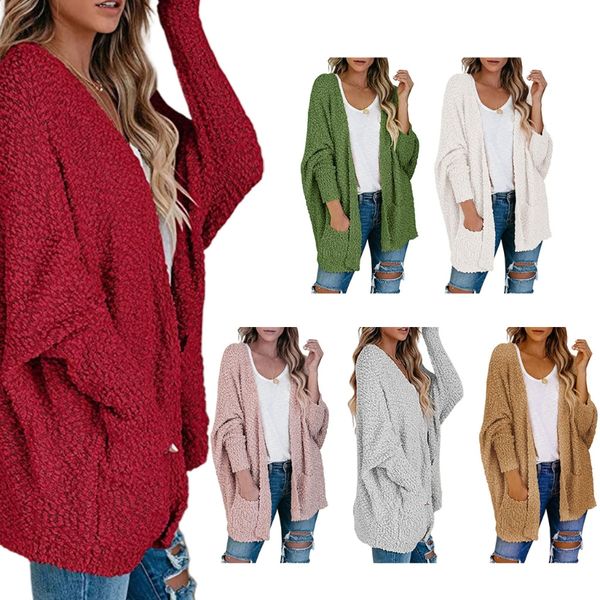 women knitted loose sweater long sleeve cardigan solid color coat jacket warm outerwear with pockets, White
women knitted loose sweater long sleeve cardigan solid color coat jacket warm outerwear with pockets, White