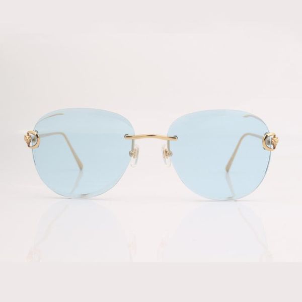 rimless women sunglasses blue transparent lens with leopard head and crystal, White;black
rimless women sunglasses blue transparent lens with leopard head and crystal, White;black