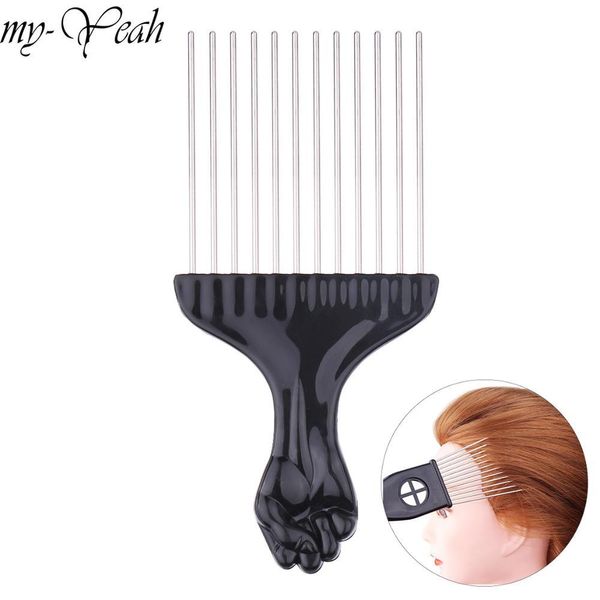

black hairbrush wide afro handle shape fork curly hairdressing pick tool comb fist hair brush teeth metal insert styling tmjfb sweet07, Silver