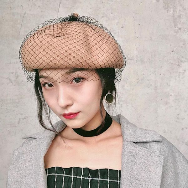 british retro mesh beret female autumn and winter elegant painter hat fashion hat, Blue;gray