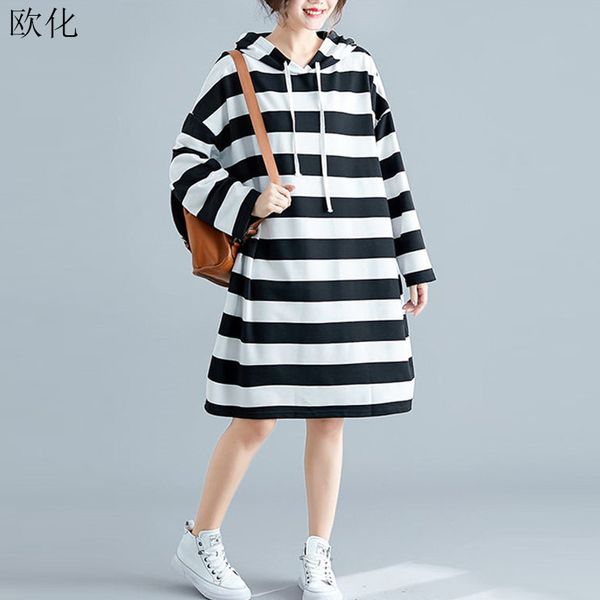 women hooded sweatshirt dress plus size autumn striped print cotton korean long hoodies female oversize loose pullover 2020, Black
women hooded sweatshirt dress plus size autumn striped print cotton korean long hoodies female oversize loose pullover 2020, Black