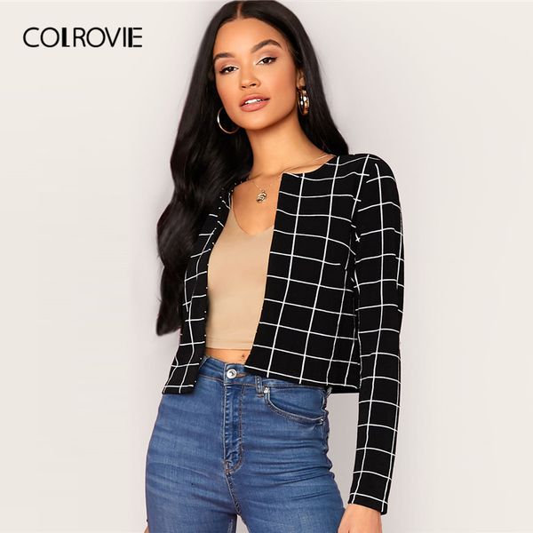 colrovie black open front grid blazer women 2020 autumn ladies crop outerwear casual round neck casual blazers, White;black
colrovie black open front grid blazer women 2020 autumn ladies crop outerwear casual round neck casual blazers, White;black