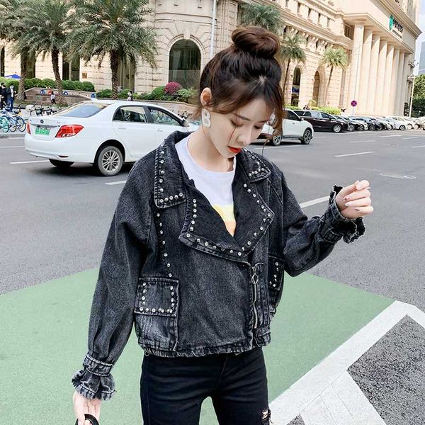 women's jackets fashionable spring and autumn loose beaded motorcycle denim jacket, Black;brown
women's jackets fashionable spring and autumn loose beaded motorcycle denim jacket, Black;brown
