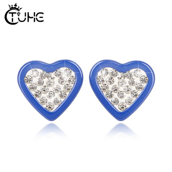 lovely cute heart stud earrings for female with cz crystal healthy red blue ceramic earrings trendy jewelry gift, Golden;silver