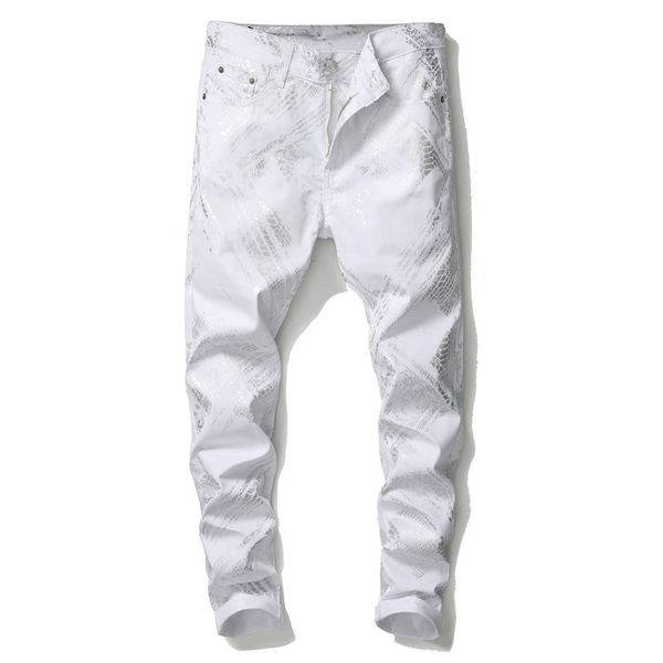men's jeans male silver snake skin printed white fashion slim fit stretch denim pants trousers, Blue
men's jeans male silver snake skin printed white fashion slim fit stretch denim pants trousers, Blue