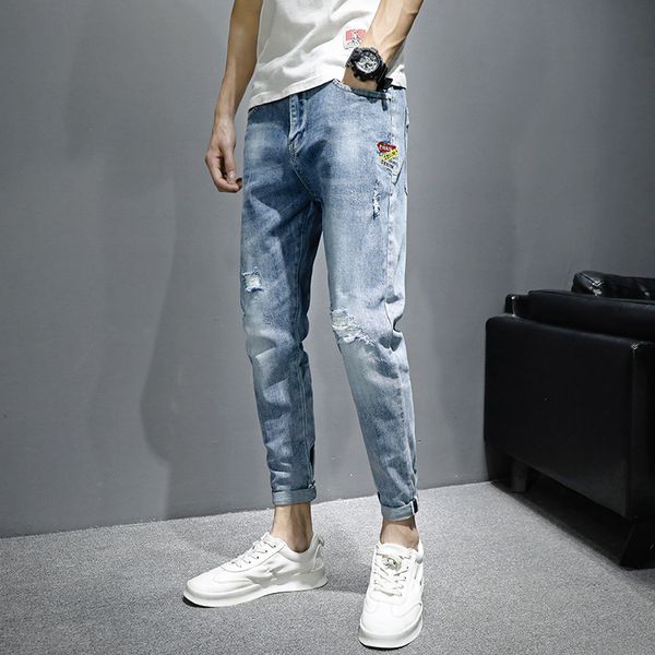 men's jeans denim summer thin stretch self-cultivation korean ankle length pants ripped holes casual light-colored pencil, Blue
men's jeans denim summer thin stretch self-cultivation korean ankle length pants ripped holes casual light-colored pencil, Blue