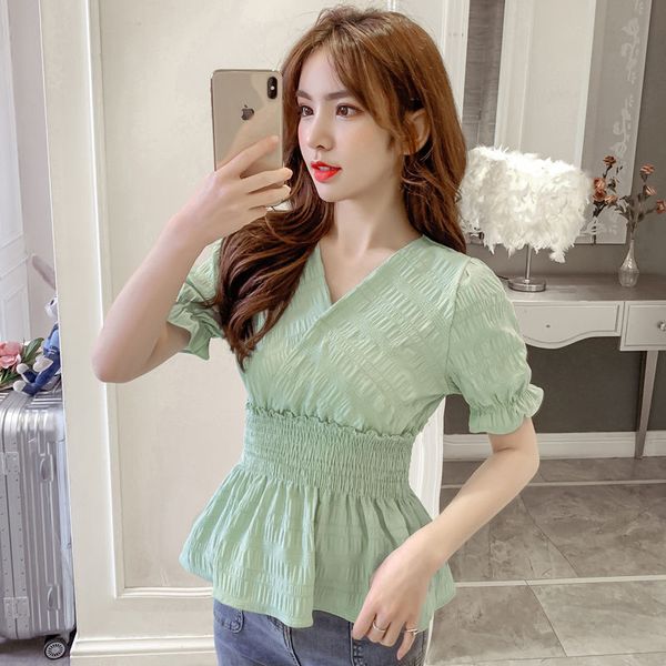 women spring summer style chiffon blouses shirts lady casual short lantern sleeve v-neck pleated chiffon blusas dd8918, White
women spring summer style chiffon blouses shirts lady casual short lantern sleeve v-neck pleated chiffon blusas dd8918, White
