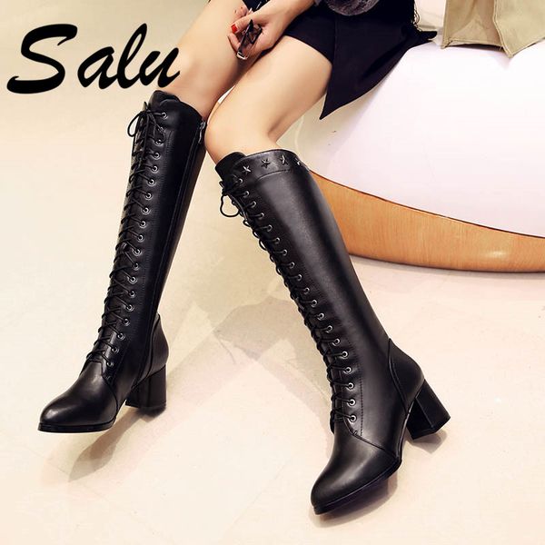 salu knee high boots women genuine leather square heels long ladies shoes woman corss-tied high warm winter shoes woman, Black
salu knee high boots women genuine leather square heels long ladies shoes woman corss-tied high warm winter shoes woman, Black