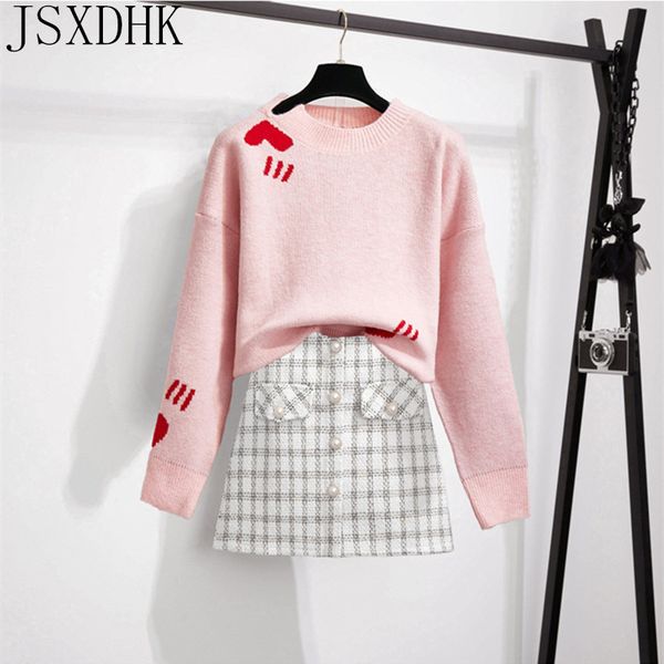 playful pink sweaters suits fall winter sweet love jacquard slit loose sweater with pearl button plaid tweed skirts 2pcs sets, Gray
playful pink sweaters suits fall winter sweet love jacquard slit loose sweater with pearl button plaid tweed skirts 2pcs sets, Gray