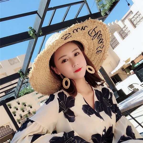 net red celebrity inspired embroidered lettered raffia hat female summer dome large brimmed sun hat beach seaside, Blue;gray
net red celebrity inspired embroidered lettered raffia hat female summer dome large brimmed sun hat beach seaside, Blue;gray