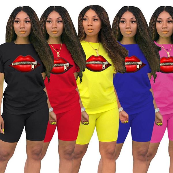 two piece red lips print womens clothing short sleeved o neck t shirt and tight fitting shorts simple style tracksuit outfit, Gray
two piece red lips print womens clothing short sleeved o neck t shirt and tight fitting shorts simple style tracksuit outfit, Gray