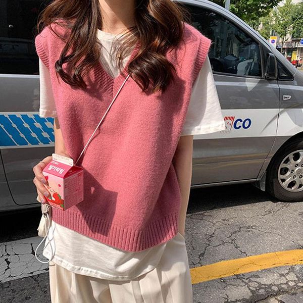 vangull pink v neck knitted sweater vest 2020 autumn winter korean style solid sleeveless vest sweater female pullovers vest, Black;white
vangull pink v neck knitted sweater vest 2020 autumn winter korean style solid sleeveless vest sweater female pullovers vest, Black;white