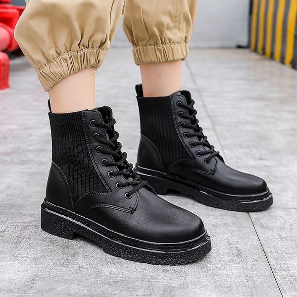fashion patchwork knitted wool women boots black winter shoes woman lace up leather boots flat casual ladies shoes botas mujer