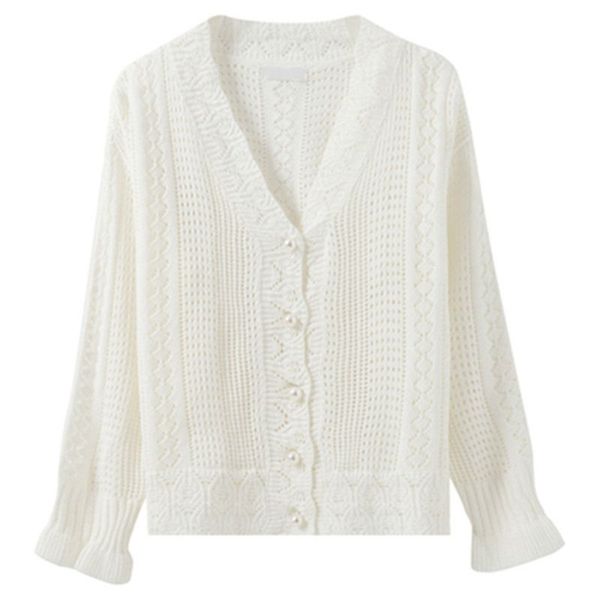women long sleeve loose sweater cardigan hollow out knitted v-neck button coat f3md, White
women long sleeve loose sweater cardigan hollow out knitted v-neck button coat f3md, White