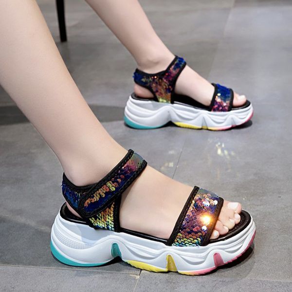 women sandals wedge personality scale sequins upper out open toe ladies color platform street style sell well women sandals, Black 
women sandals wedge personality scale sequins upper out open toe ladies color platform street style sell well women sandals, Black