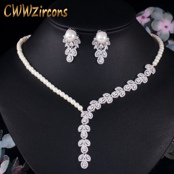 cwwzircons dangle drop cubic zirconia simulated pearl necklace earrings women party wedding costume jewelry set for brides t452, Silver
cwwzircons dangle drop cubic zirconia simulated pearl necklace earrings women party wedding costume jewelry set for brides t452, Silver