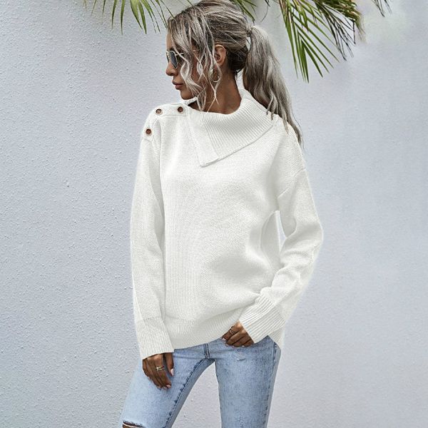 women's casual shoulder button half-open collar sweater for autumn and winter 2020 womens winter sweaters, White;black
women's casual shoulder button half-open collar sweater for autumn and winter 2020 womens winter sweaters, White;black