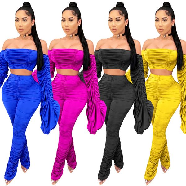 women two-piece sets flare sleeve off shoulder crop ruched long pants solid color ladies slim clubwear plus size, Gray
women two-piece sets flare sleeve off shoulder crop ruched long pants solid color ladies slim clubwear plus size, Gray