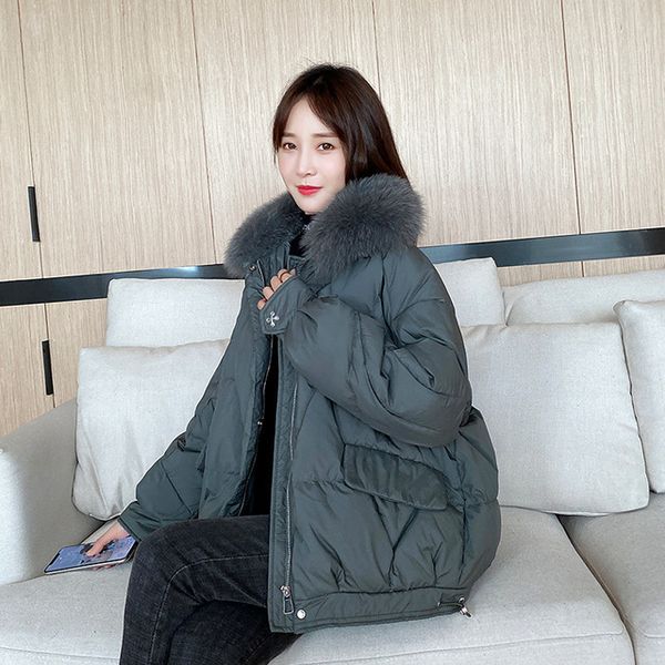 2020 new collection women's down parka hair down jacket long loose cotton quilted jacket winter clothing new, Black