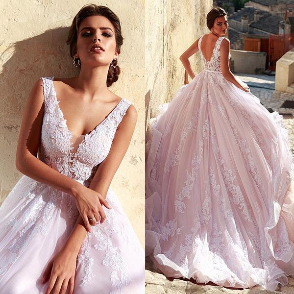 

Romantic Tulle V-neck Neckline A-line Wedding Dress With Lace Appliques Pink Long Bridal Gown vestido madrinha, Ivory