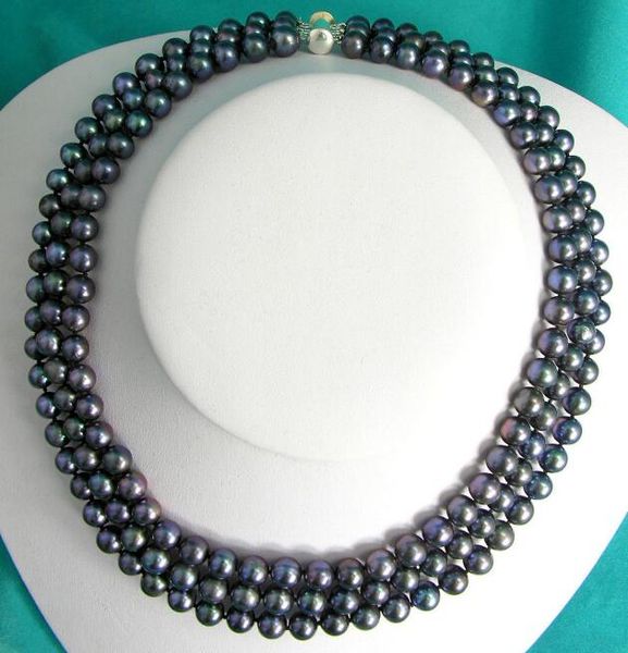 3 row black round 8-9mm cultured freshwater pearl necklace choker 17-19, Silver 
3 row black round 8-9mm cultured freshwater pearl necklace choker 17-19, Silver