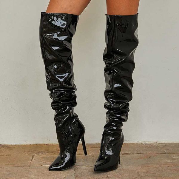 reflective patent leather pointed toe women over knee high boots thigh high side half-zip booties for ladies pile of long boots, Black
reflective patent leather pointed toe women over knee high boots thigh high side half-zip booties for ladies pile of long boots, Black