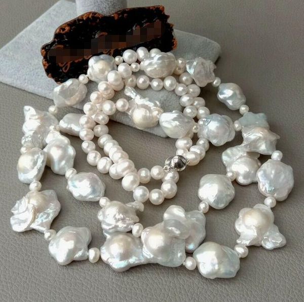 18" 2 rows cultured white flower keshi pearl necklace, Silver