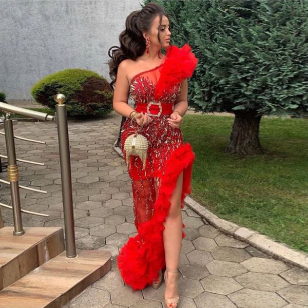 2020 couture irregular mermaid prom dresses red split one shoulder chic evening dress lace beads ruffled tulle formal party gown, White;black
2020 couture irregular mermaid prom dresses red split one shoulder chic evening dress lace beads ruffled tulle formal party gown, White;black