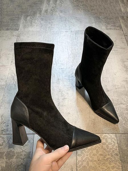 women's shoes stretch boots ankle boots 2020 new fashion casual pointed toe stitching suede thick heel high heels, Black
women's shoes stretch boots ankle boots 2020 new fashion casual pointed toe stitching suede thick heel high heels, Black
