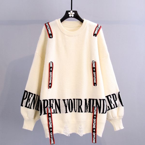 women new letter print hole knit jumper sweater 2020 drawstring decoration korean pullover casual knit sweater female, White;black
women new letter print hole knit jumper sweater 2020 drawstring decoration korean pullover casual knit sweater female, White;black