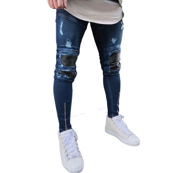 men blue jeans stretch destroyed ripped hole patchwrok pleated design fashion ankle zipper skinny jeans for men
men blue jeans stretch destroyed ripped hole patchwrok pleated design fashion ankle zipper skinny jeans for men
