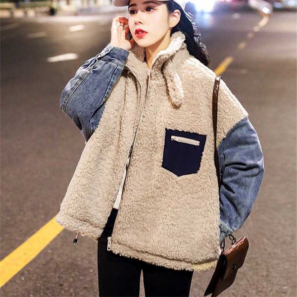 women's fur & faux cotton clothing female 2021 winter loose imitation lamb hair stand collar denim stitching fashion warm coat tide hhh, Black
women's fur & faux cotton clothing female 2021 winter loose imitation lamb hair stand collar denim stitching fashion warm coat tide hhh, Black