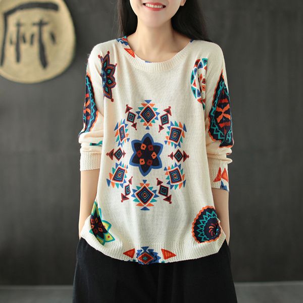 women's sweaters digital print knit sweater 2021 early autumn style retro loose wild round neck long sleeve women, White;black
women's sweaters digital print knit sweater 2021 early autumn style retro loose wild round neck long sleeve women, White;black