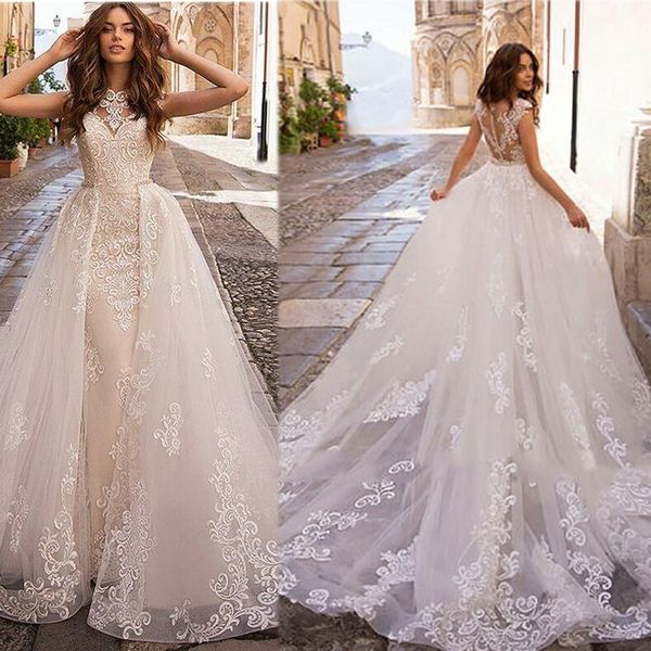 elegant lace mermaid wedding dresses with detachable train appliqued lace neck boho bridal gowns robe de mariee vestido de noiva, White
elegant lace mermaid wedding dresses with detachable train appliqued lace neck boho bridal gowns robe de mariee vestido de noiva, White