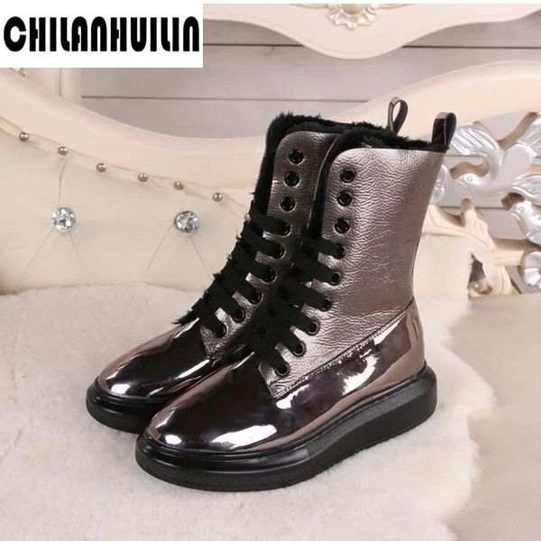fashion faux leather fur winter snow boots women ankle boots warm shoes flat round toe platform casual shoes woman, Black 
fashion faux leather fur winter snow boots women ankle boots warm shoes flat round toe platform casual shoes woman, Black