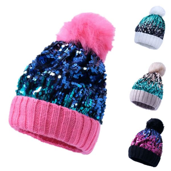 

pom ball skullcaps sequins beanies winter warm teenages toque hats reversible sequined skull caps headwear color changing ly914, Yellow