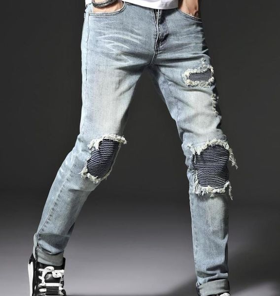 ripped men's distressed slim biker jeans patch light blue vintage washed denim elastic skinny pants size 28-40 high quality
ripped men's distressed slim biker jeans patch light blue vintage washed denim elastic skinny pants size 28-40 high quality