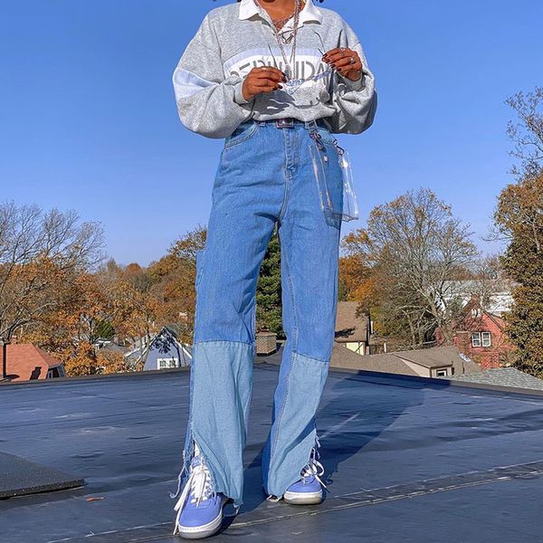 women's jeans autumn hip-hop streetwear stitching contrast color split loose large size trousers women, Blue
women's jeans autumn hip-hop streetwear stitching contrast color split loose large size trousers women, Blue