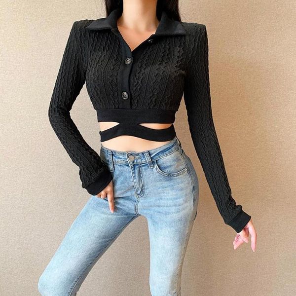 women autumn turn down collar long sleeve knitted straps slim crop blouse 2020 sale, White;black
women autumn turn down collar long sleeve knitted straps slim crop blouse 2020 sale, White;black