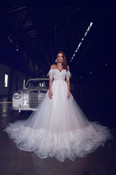 new arrival a line lace wedding dresses off the shoulder sequins beading feather formal bridal gowns beading shoulder unique wedding wear, White
new arrival a line lace wedding dresses off the shoulder sequins beading feather formal bridal gowns beading shoulder unique wedding wear, White