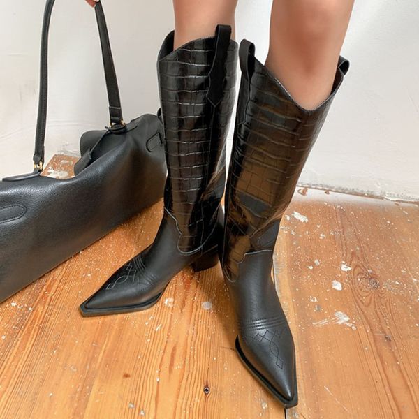 new internet boots autumn winter genuine leather thick mid heel shoes solid color pointed western denim style boots, Black
new internet boots autumn winter genuine leather thick mid heel shoes solid color pointed western denim style boots, Black