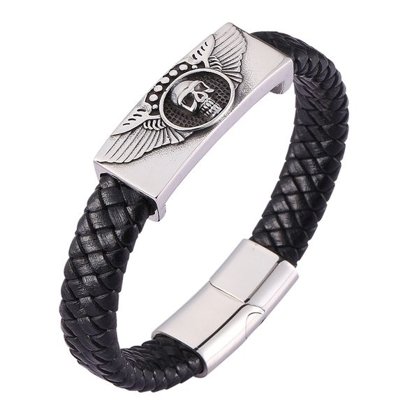 new punk black braided genuine leather bracelet skull stainless steel magnetic buckle leather woven wristband men jewelry c0483, Golden;silver
new punk black braided genuine leather bracelet skull stainless steel magnetic buckle leather woven wristband men jewelry c0483, Golden;silver