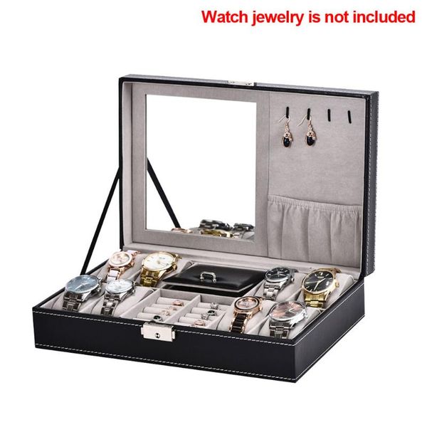 8 grids watch box jewelry storage with mirror wristwatch holder home case portable earrings pu leather multifunctional organizer, Black;blue
8 grids watch box jewelry storage with mirror wristwatch holder home case portable earrings pu leather multifunctional organizer, Black;blue
