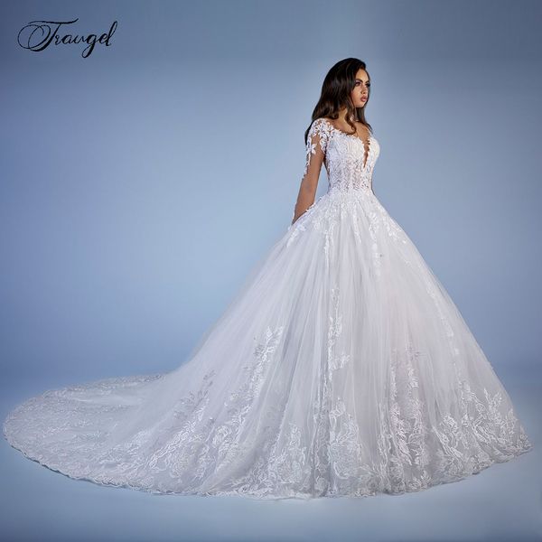 traugel scoop a line lace wedding dresses applique long sleeve illusion back bride dress cathedral train bridal gowns plus size, Blue;red
traugel scoop a line lace wedding dresses applique long sleeve illusion back bride dress cathedral train bridal gowns plus size, Blue;red