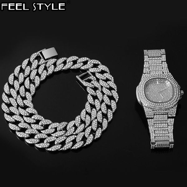 gold gold necklace +watch+bracelet hip hop miami curb cuban chain iced out paved rhinestones cz bling rapper for men jewelry, Silver 
gold gold necklace +watch+bracelet hip hop miami curb cuban chain iced out paved rhinestones cz bling rapper for men jewelry, Silver